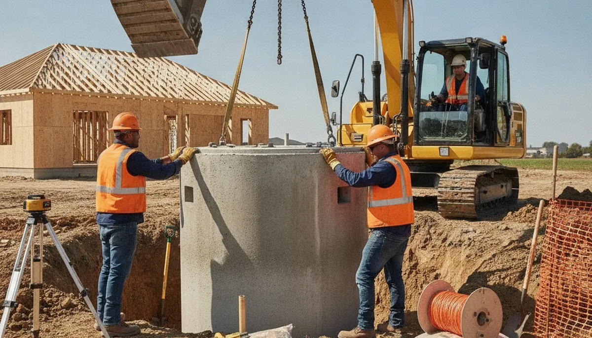 Septic tank installation crew at work for Memphis, TN homes with site prep and plumbing connection