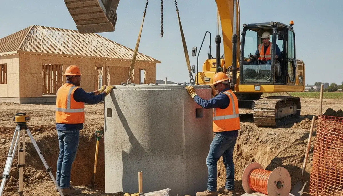 Septic tank installation crew at work for Memphis, TN homes with site prep and plumbing connection